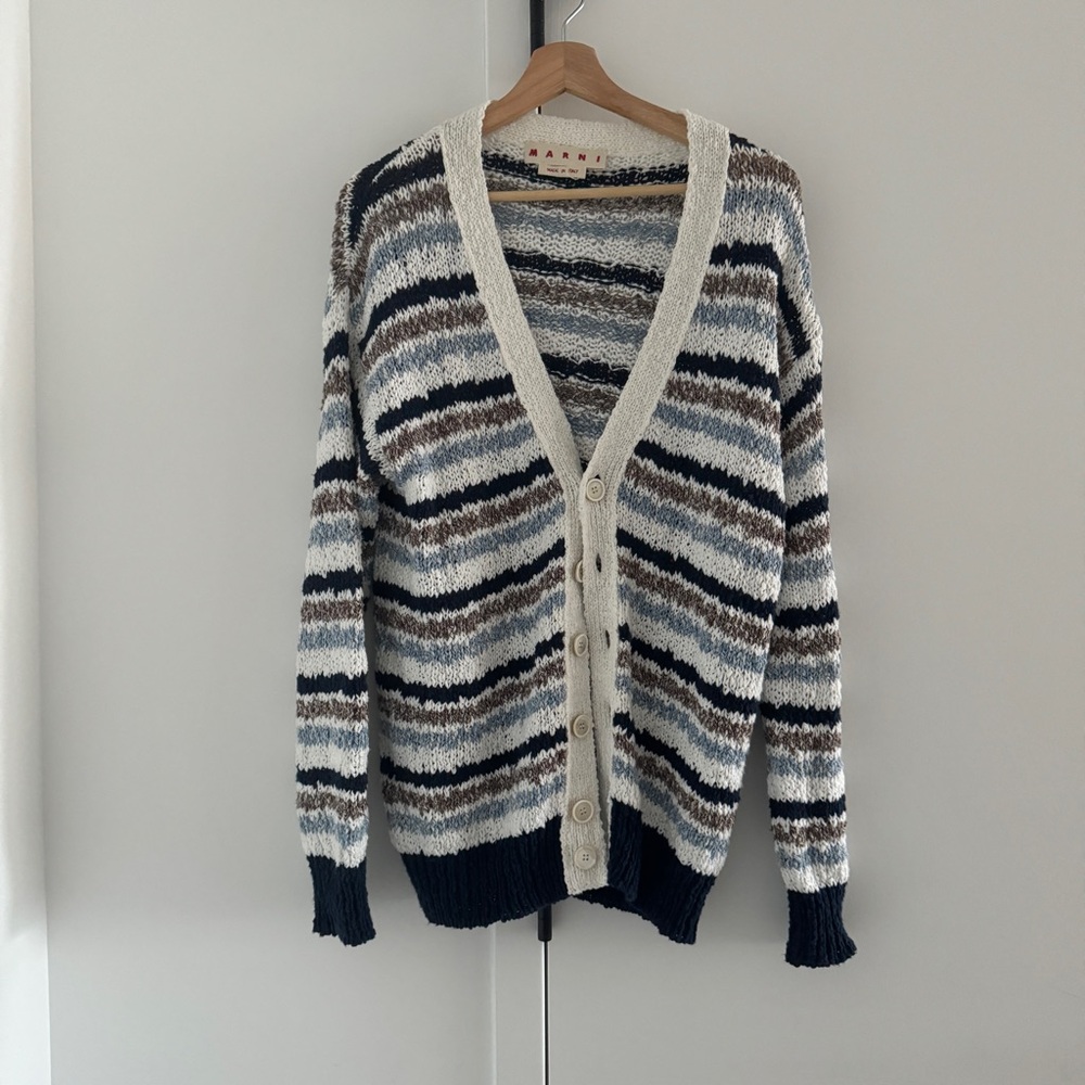 Marni Striped Cardigan Blue Weaved Knit Unisex Size 36
